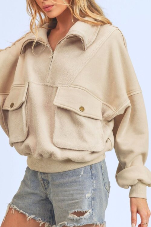 Aemi + Co Exposed Seam Half Zip Sweatshirt with Pockets - Image 3