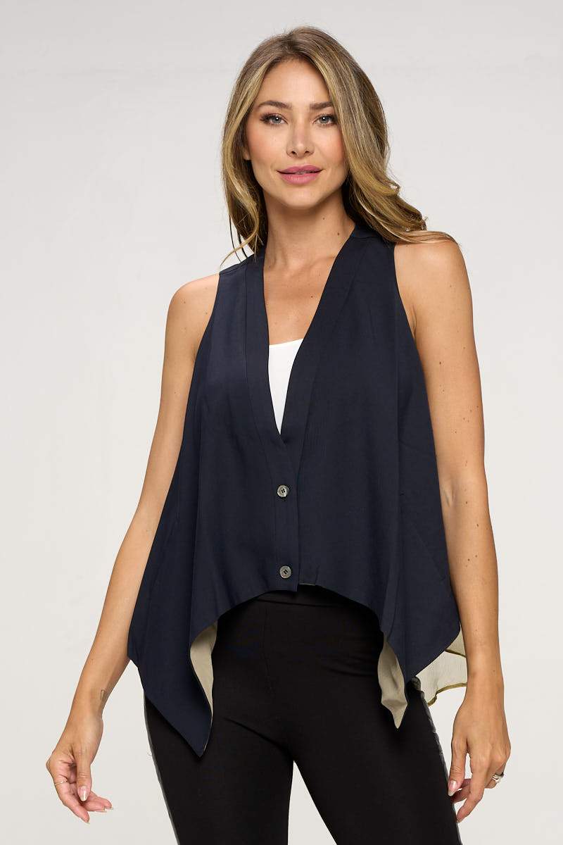 Asymmetrical Button-Down Sleeveless Vest with Layered Hem - Image 4