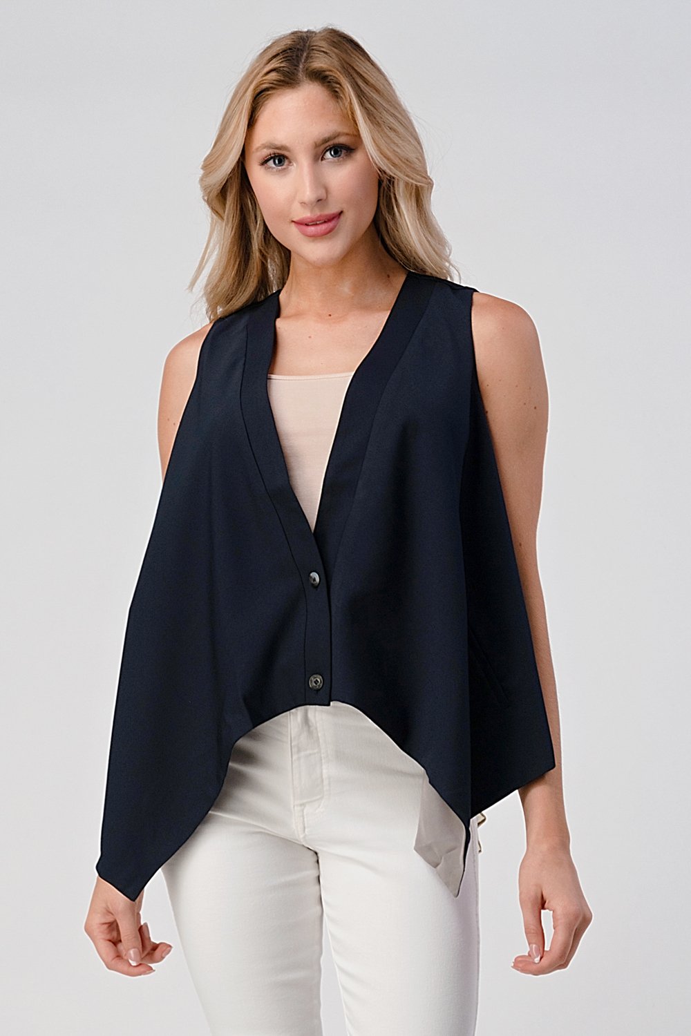 Asymmetrical Button-Down Sleeveless Vest with Layered Hem - Image 7