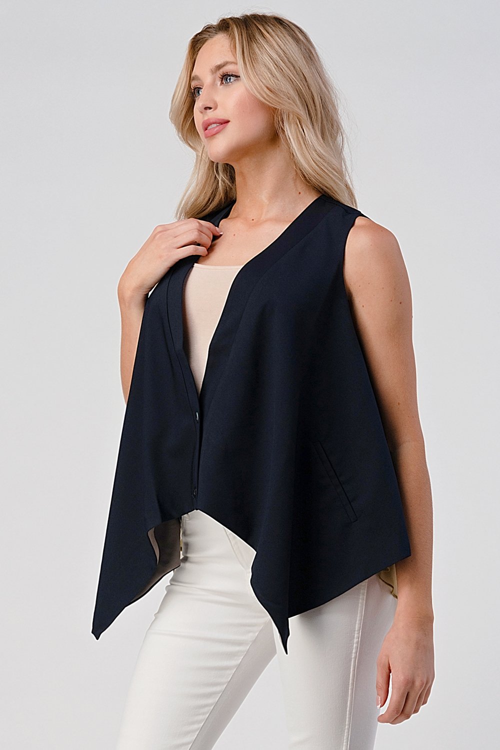 Asymmetrical Button-Down Sleeveless Vest with Layered Hem - Image 8