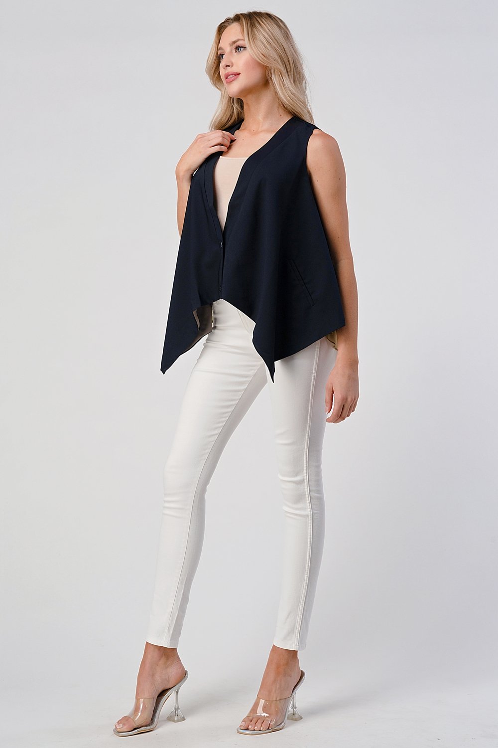 Asymmetrical Button-Down Sleeveless Vest with Layered Hem - Image 9