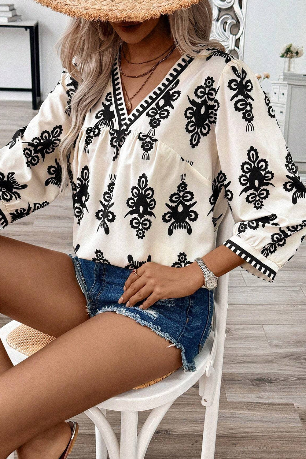 Beige Vintage Geometric Printed 3/4 Sleeve V Neck Blouse - Image 2
