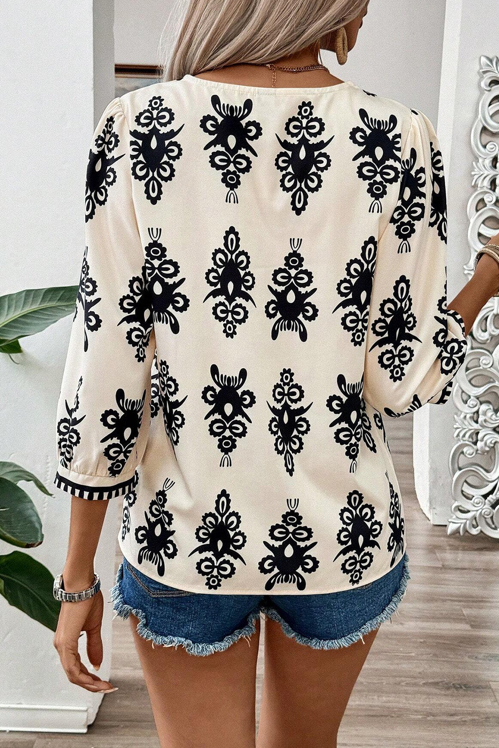 Beige Vintage Geometric Printed 3/4 Sleeve V Neck Blouse - Image 5
