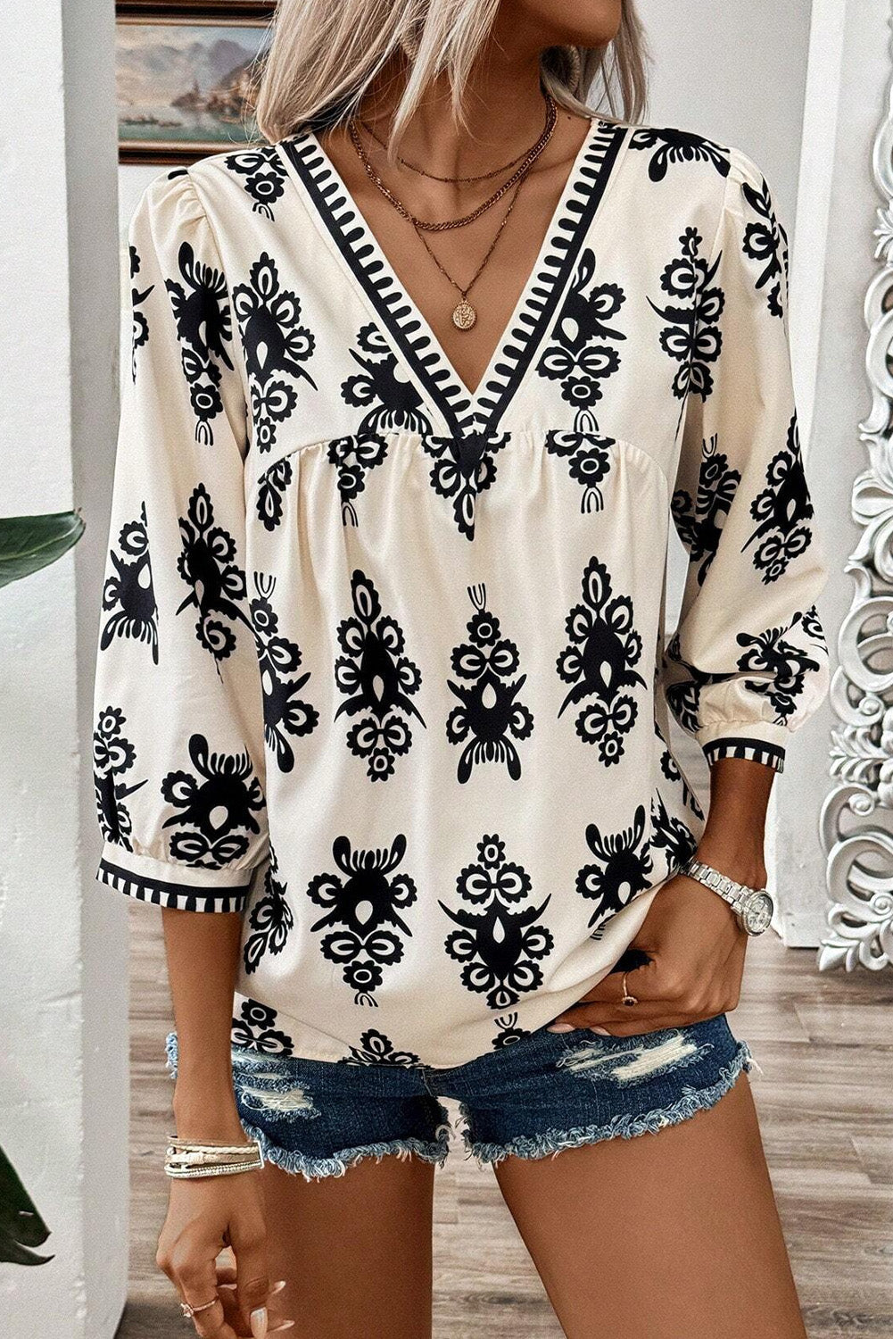 Beige Vintage Geometric Printed 3/4 Sleeve V Neck Blouse - Image 6
