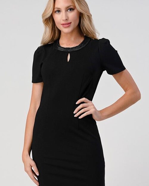 Beaded Neckline Keyhole Dress