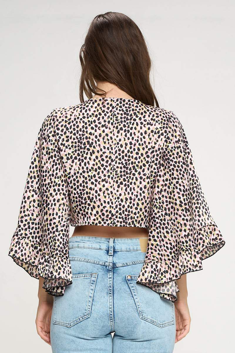Animal Print Tie-Front Crop Top with Flared Sleeves - Image 11