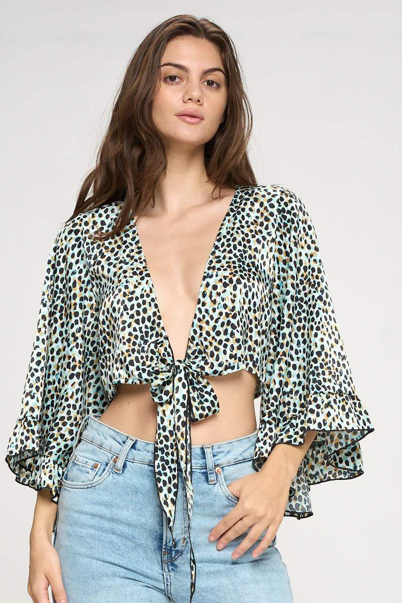 Animal Print Tie-Front Crop Top with Flared Sleeves - Image 6