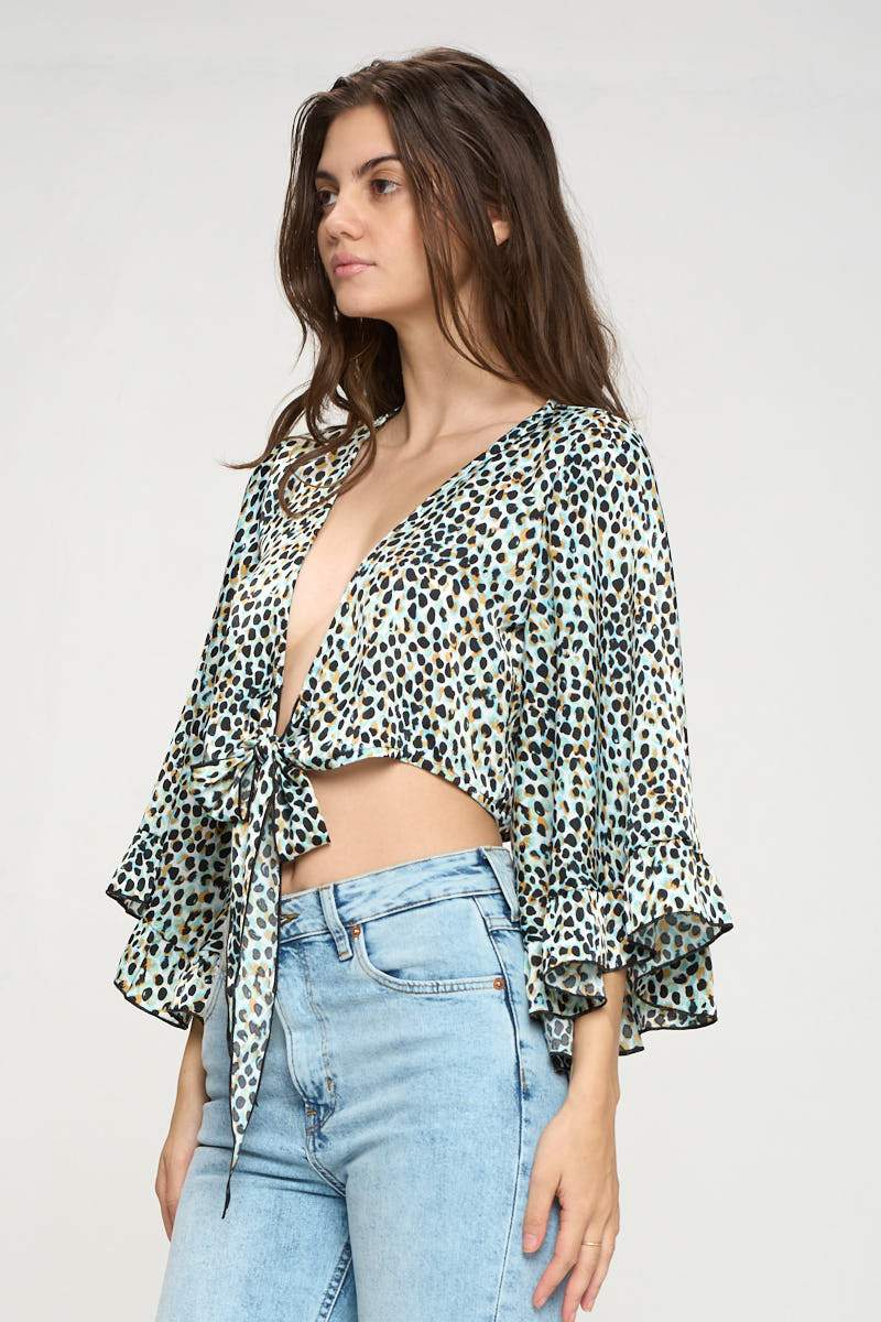 Animal Print Tie-Front Crop Top with Flared Sleeves - Image 10
