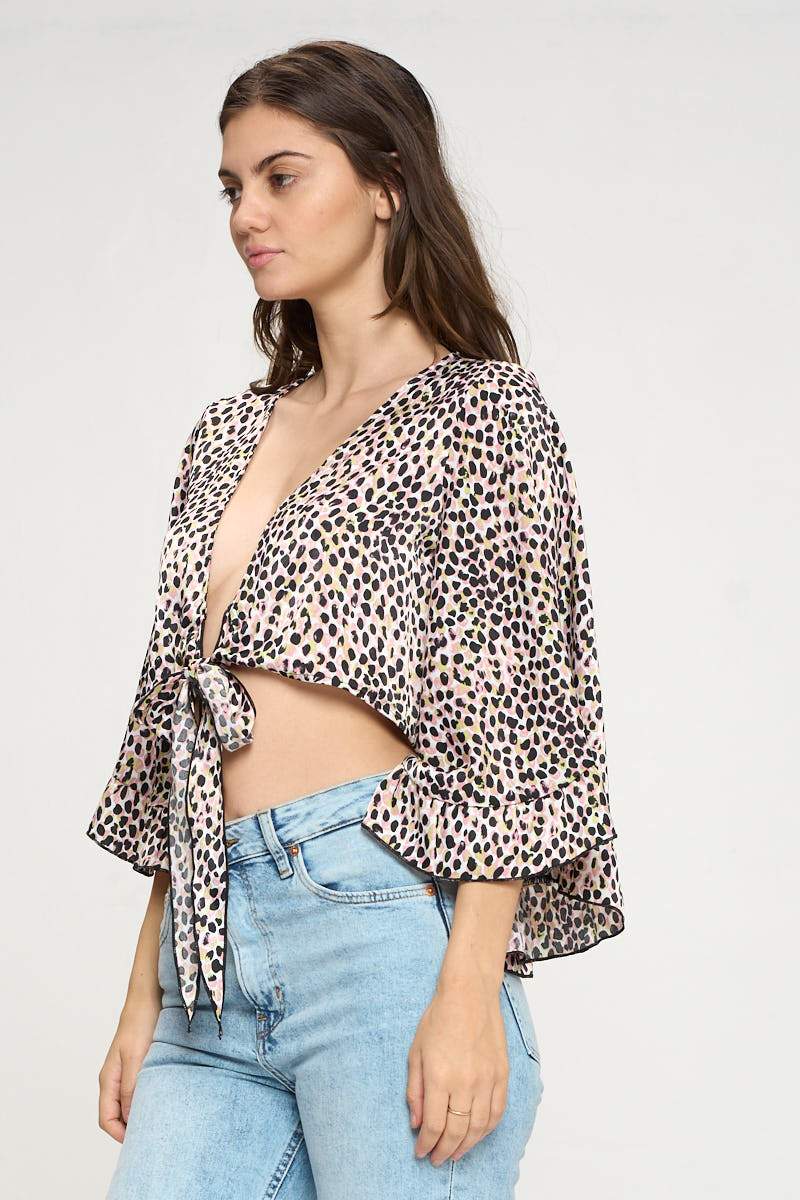Animal Print Tie-Front Crop Top with Flared Sleeves - Image 9