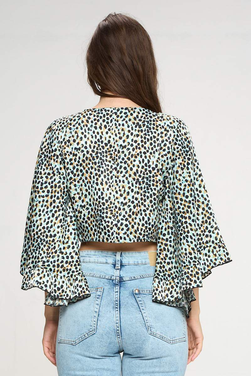 Animal Print Tie-Front Crop Top with Flared Sleeves - Image 7