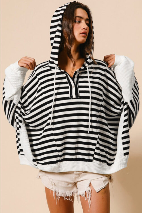 Black white Oversized Striped Henley Buttons Dolman Sleeve Hooded Top - Image 2