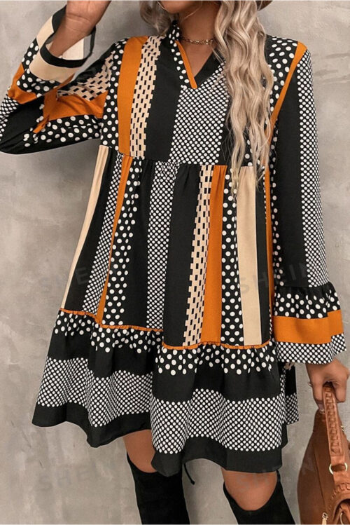 Black Striped Polka Dot Print Ruffled Hem V Neck Mini Dress - Image 6