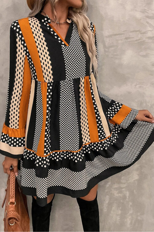 Black Striped Polka Dot Print Ruffled Hem V Neck Mini Dress - Image 3