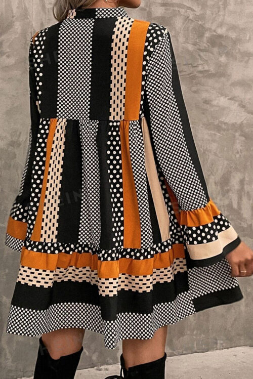 Black Striped Polka Dot Print Ruffled Hem V Neck Mini Dress - Image 4