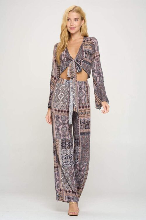 Boho Chic Bell Sleeve Crop Top and Wide Leg Pant Set - Image 2