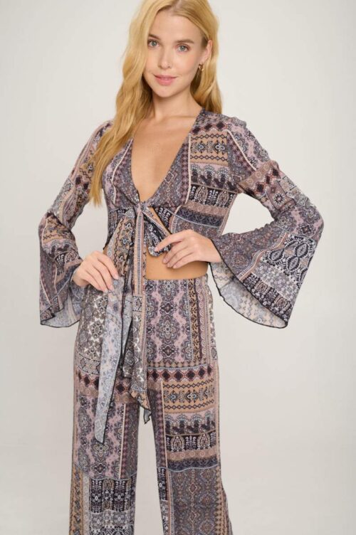 Boho Chic Bell Sleeve Crop Top and Wide Leg Pant Set - Image 5