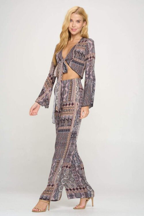 Boho Chic Bell Sleeve Crop Top and Wide Leg Pant Set - Image 4