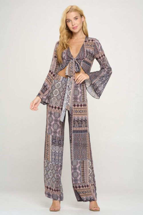 Boho Chic Bell Sleeve Crop Top and Wide Leg Pant Set - Image 6