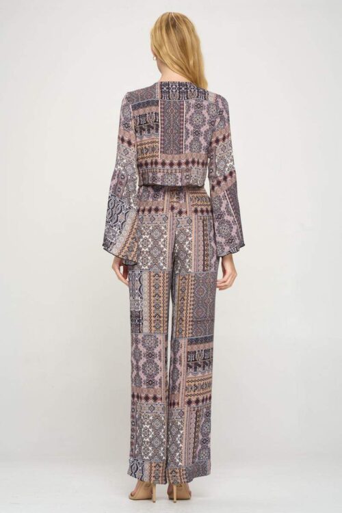 Boho Chic Bell Sleeve Crop Top and Wide Leg Pant Set - Image 3