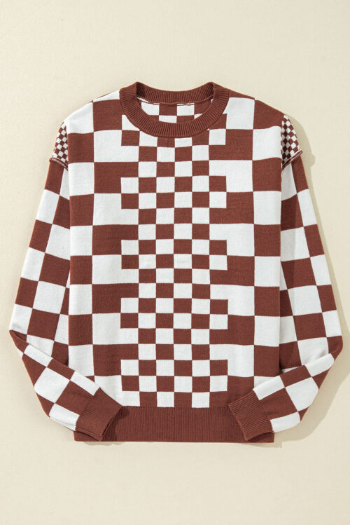 Brown Checkered Print Drop Shoulder Round Neck Sweater - Image 4