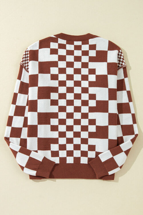 Brown Checkered Print Drop Shoulder Round Neck Sweater - Image 5