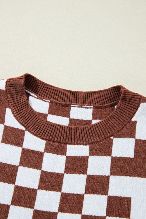 Brown Checkered Print Drop Shoulder Round Neck Sweater - Image 9