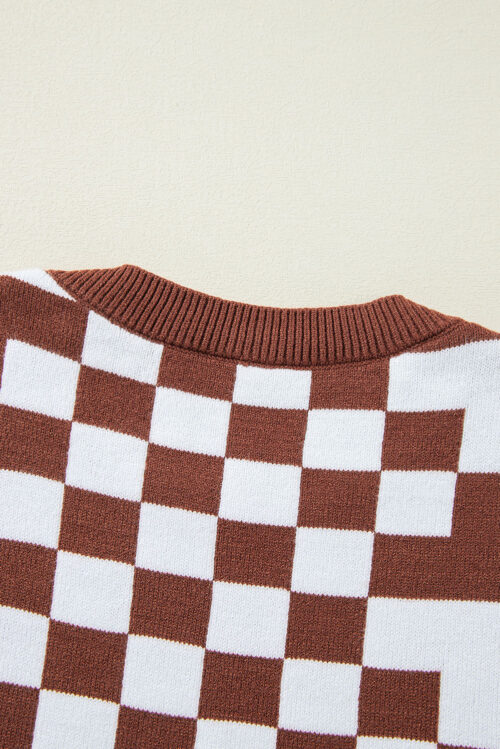 Brown Checkered Print Drop Shoulder Round Neck Sweater - Image 10