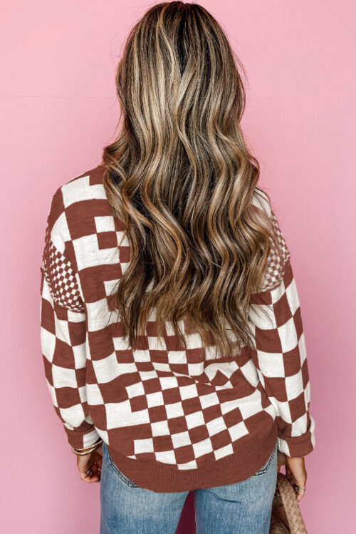 Brown Checkered Print Drop Shoulder Round Neck Sweater - Image 3