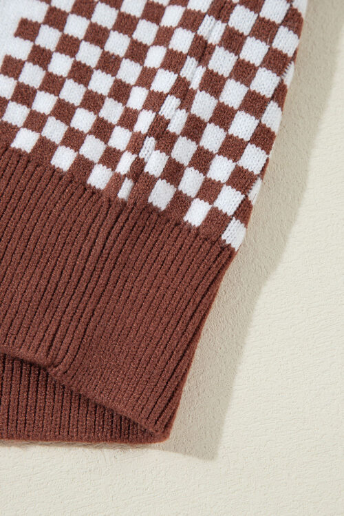 Brown Checkered Print Drop Shoulder Round Neck Sweater - Image 7