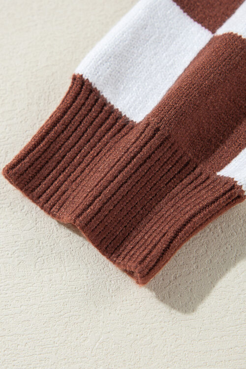 Brown Checkered Print Drop Shoulder Round Neck Sweater - Image 8