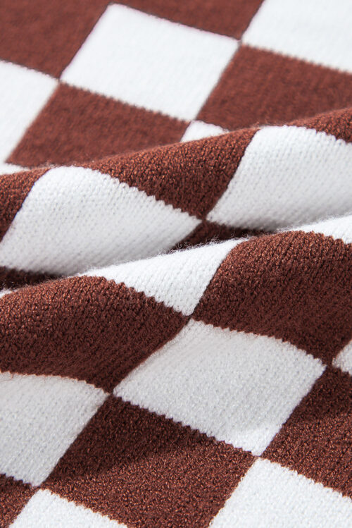 Brown Checkered Print Drop Shoulder Round Neck Sweater - Image 6