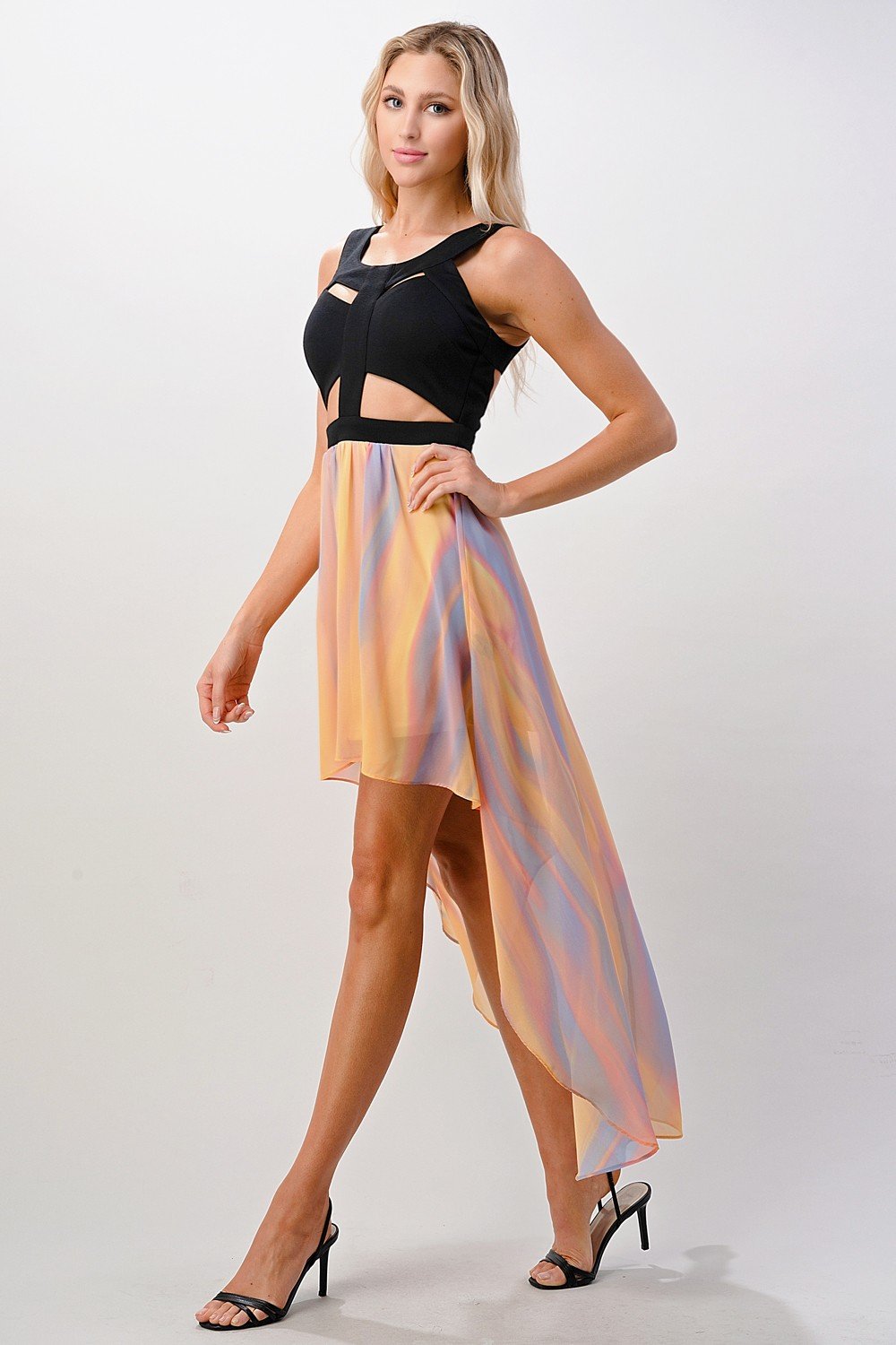 Chic Cut-Out Bodice High-Low Chiffon Dress - Image 3