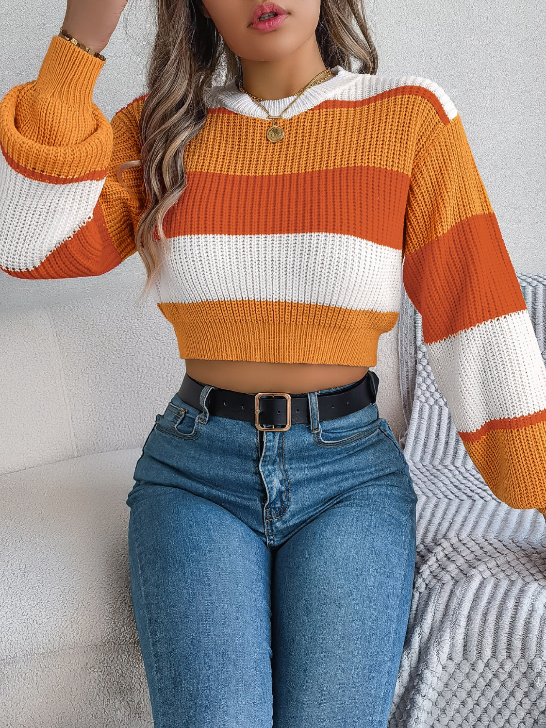 Color Block Round Neck Cropped Sweater - Image 2
