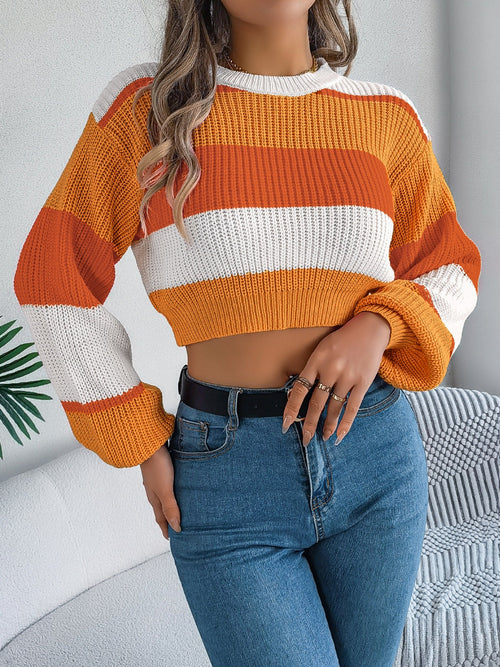 Color Block Round Neck Cropped Sweater - Image 17