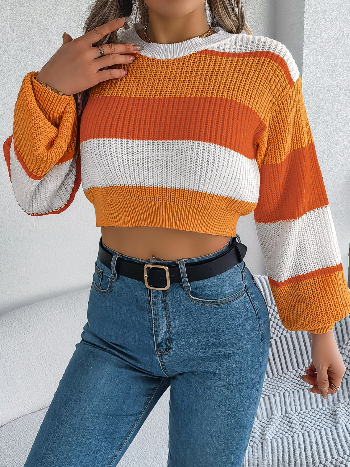 Color Block Round Neck Cropped Sweater - Image 4