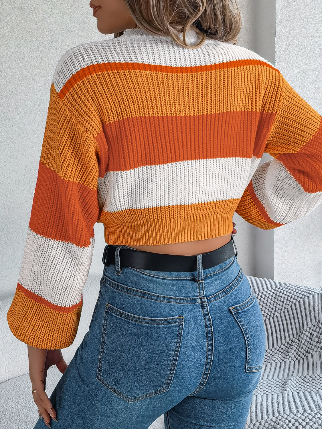 Color Block Round Neck Cropped Sweater - Image 3