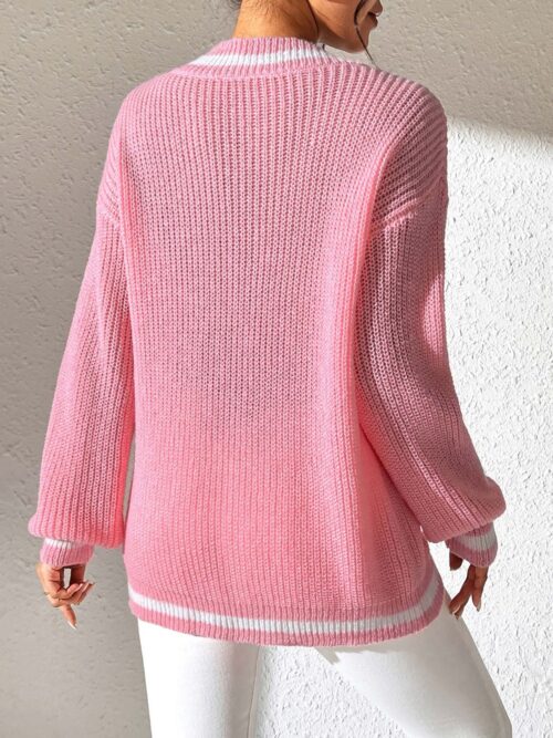 Contrast Trim V-Neck Long Sleeve Sweater - Image 2