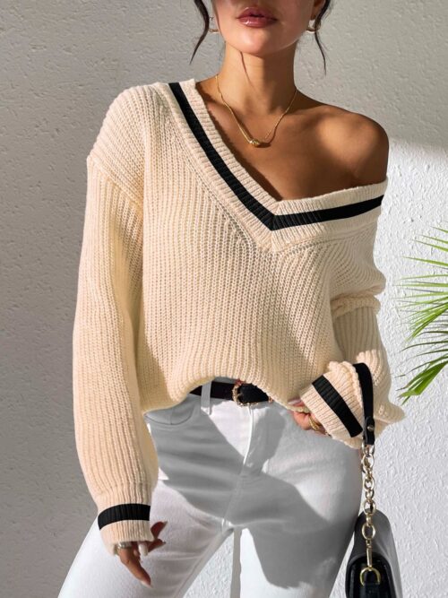 Contrast Trim V-Neck Long Sleeve Sweater - Image 7