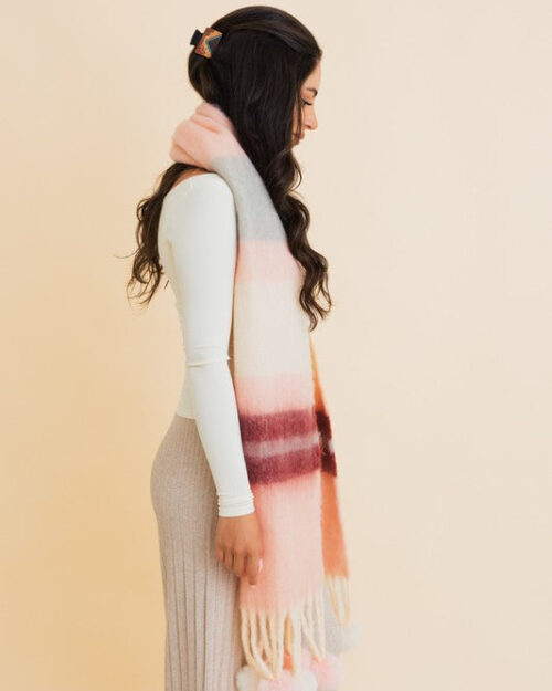 Contrast Color Stripes Chunky Pom Tassel Scarf