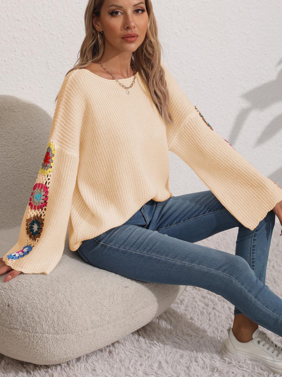 Crochet Flower Long Sleeve Sweater - Image 7