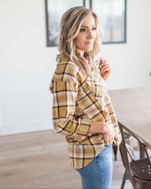 Double Flap Pocket Button-up Plaid Shirt With Roll-up Long Sleeves