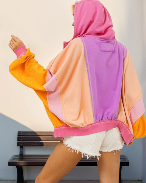 Double Take Full Size Color Block Zip Up Hoodie