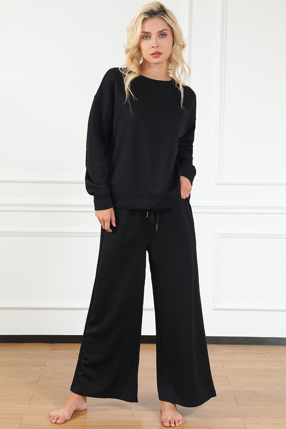 Double Take Full Size Textured Long Sleeve Top and Drawstring Pants