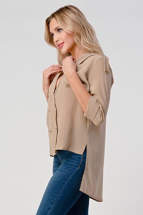 Double-Breasted Button-Up Blouse with Rolled Sleeves - Image 7