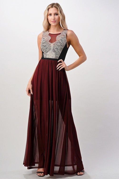 Elegant Sheer Maxi Dress with Lace Bodice and Flowing Skirt - Image 11