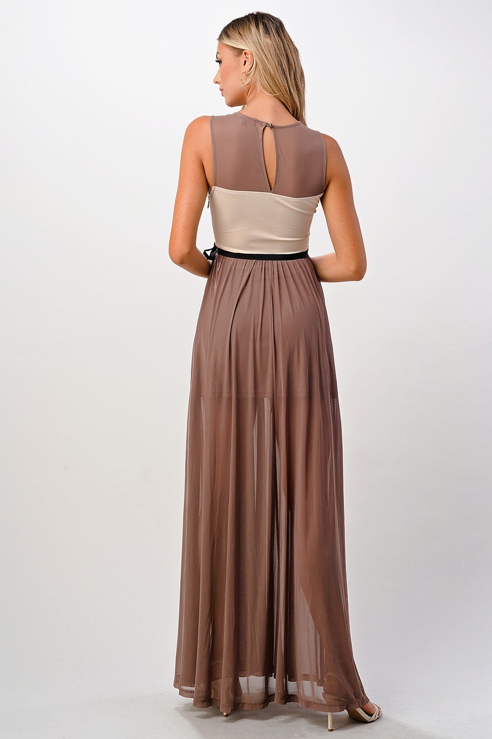 Elegant Sheer Maxi Dress with Lace Bodice and Flowing Skirt - Image 4