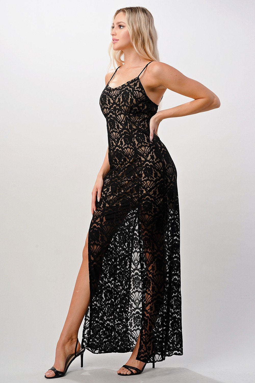 Elegant Black Lace Maxi Dress with Side Slit - Image 6