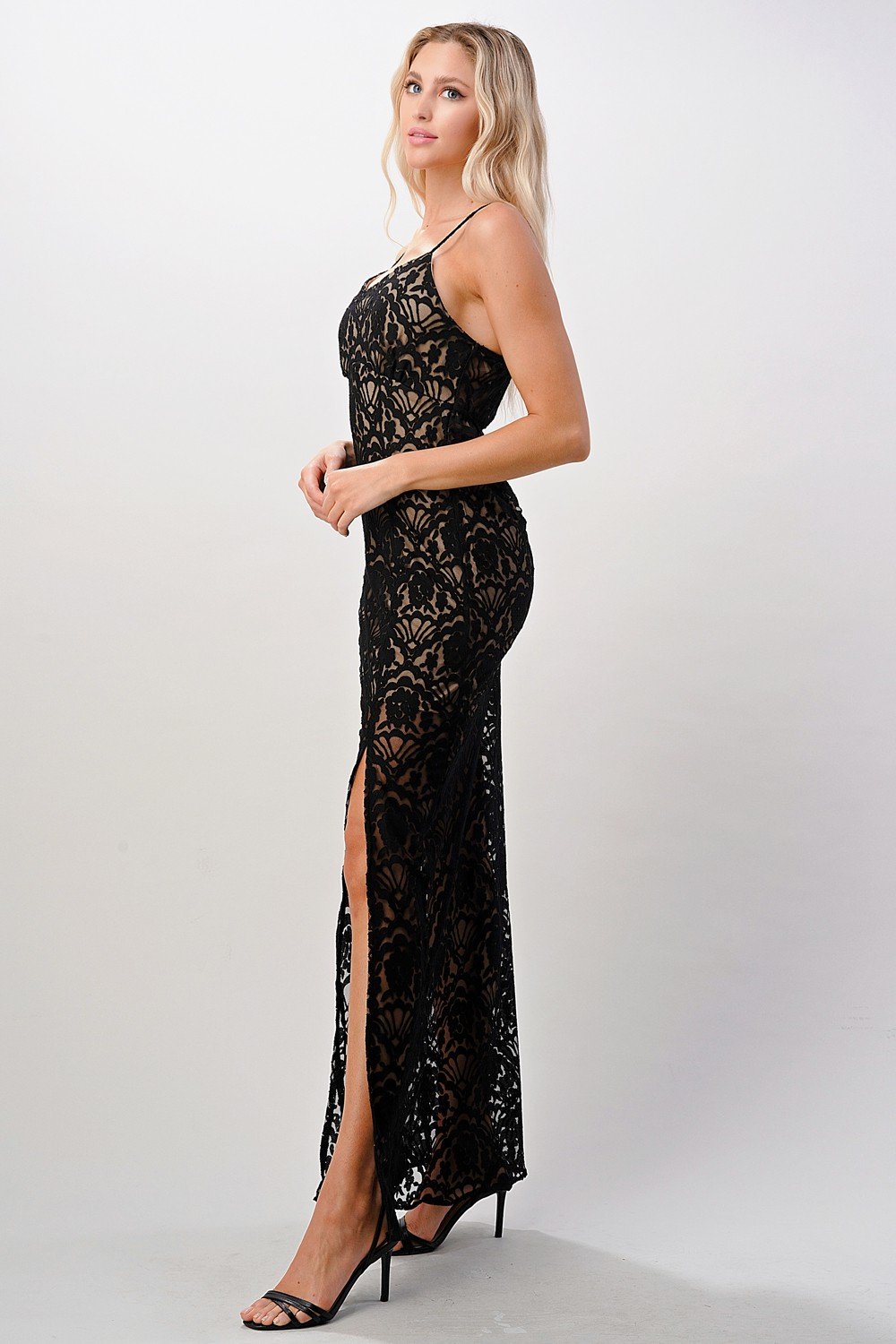 Elegant Black Lace Maxi Dress with Side Slit - Image 4