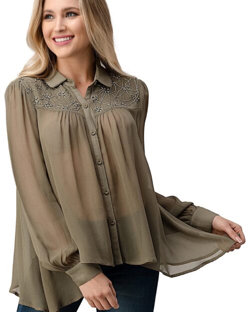 Embroidered Sheer Button-Up Blouse – Casual Elegance