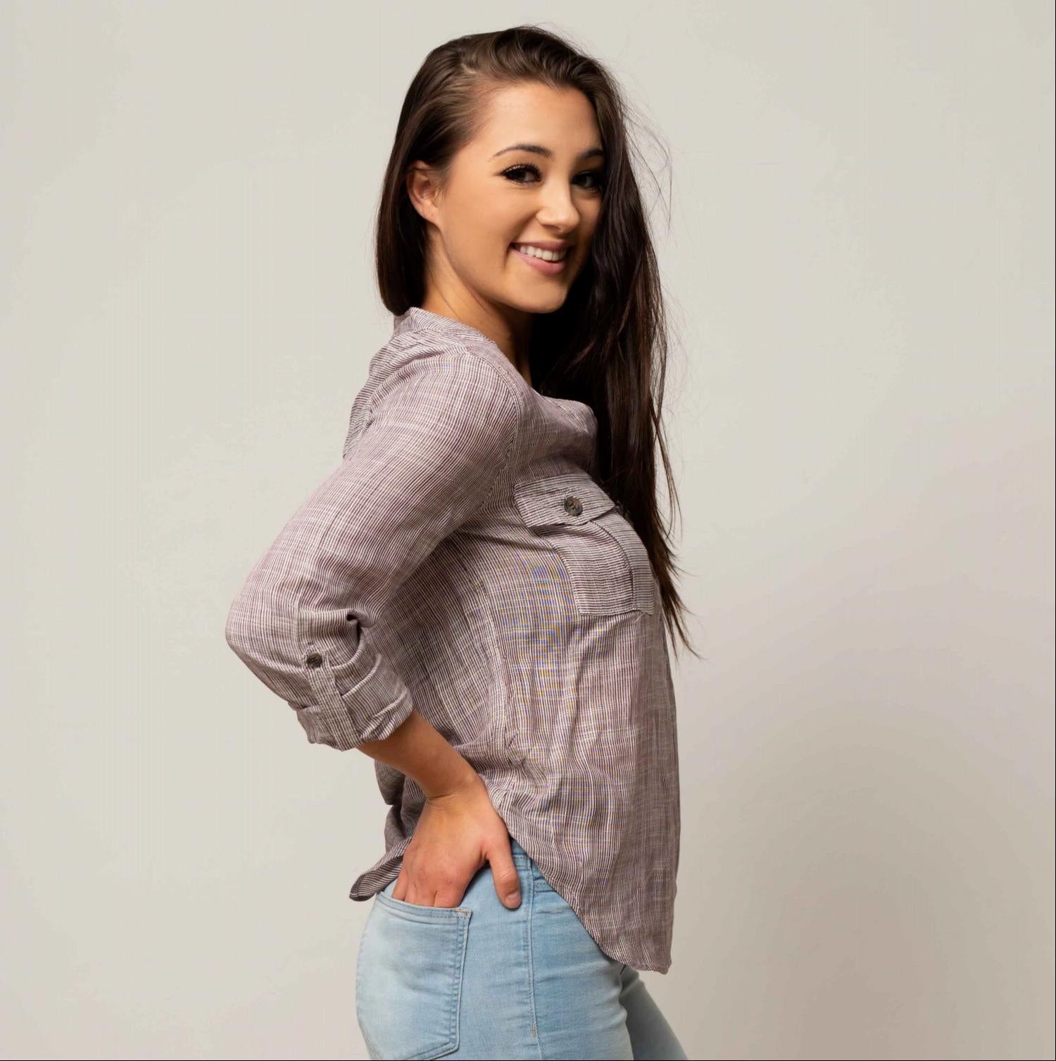 3/4 ROLL UP SLEEVE BUTTON DETAIL w/POCKET STRIPE WOVEN TOP - Image 2